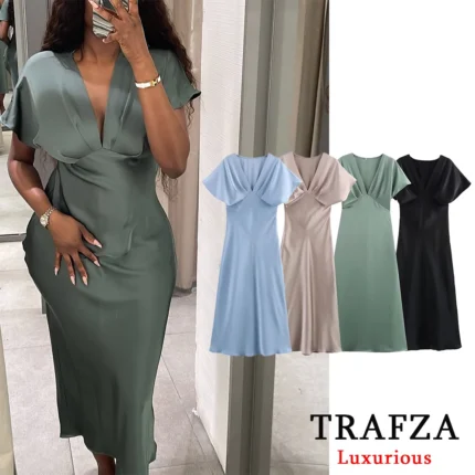 فستان ساتان أنيق برقبة V